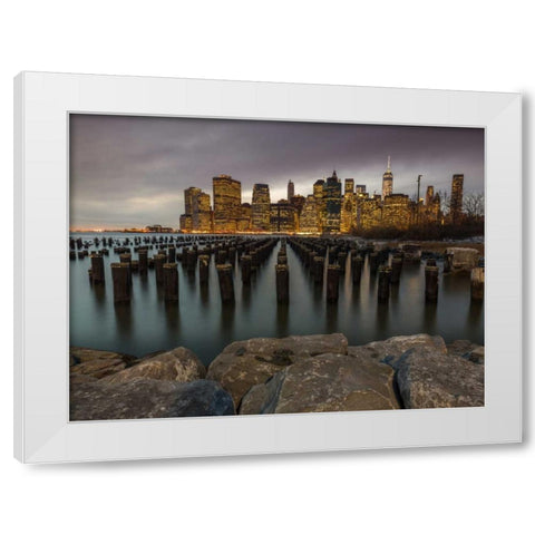 Manhattan skyline with rows of groynes in East river, New York White Modern Wood Framed Art Print by Frank, Assaf