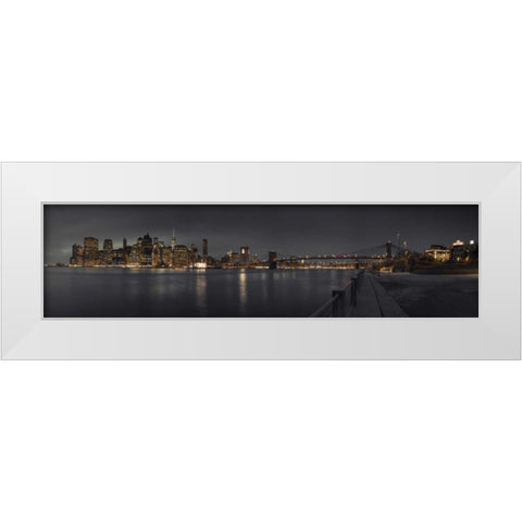 Evening view of Manhattan skyline over East river, New York White Modern Wood Framed Art Print by Frank, Assaf