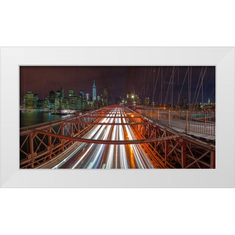 Evening view of Manhattan skyline from Brooklyn bridge White Modern Wood Framed Art Print by Frank, Assaf