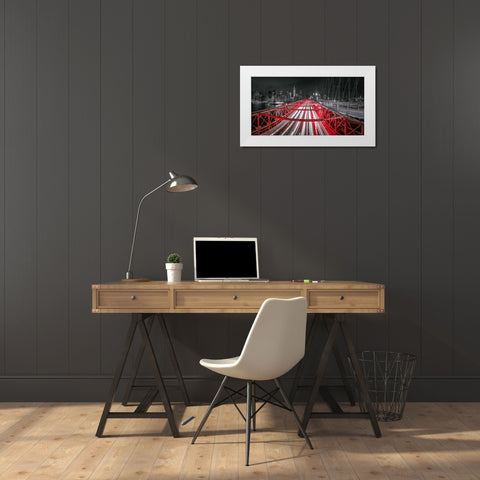 Evening view of Manhattan skyline from Brooklyn bridge White Modern Wood Framed Art Print by Frank, Assaf