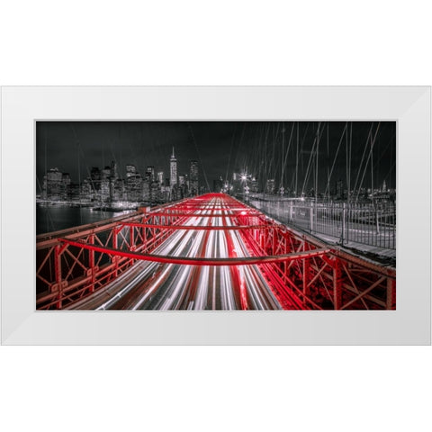 Evening view of Manhattan skyline from Brooklyn bridge White Modern Wood Framed Art Print by Frank, Assaf