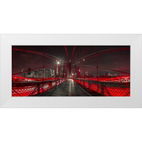 Evening view of Manhattan skyline from Brooklyn bridge White Modern Wood Framed Art Print by Frank, Assaf