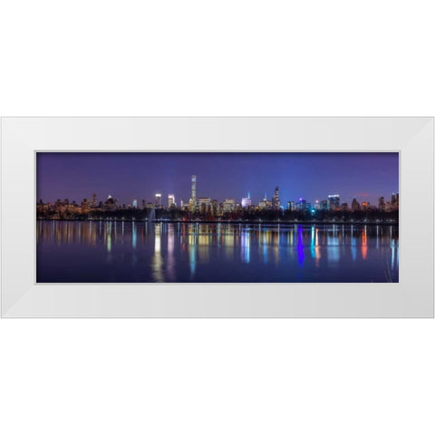 View of New York city skyline from Central park in evening White Modern Wood Framed Art Print by Frank, Assaf