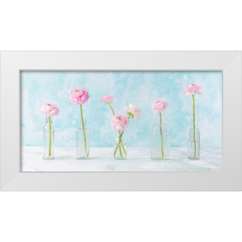 Ranuncuclus flowers in glass bottles White Modern Wood Framed Art Print by Frank, Assaf