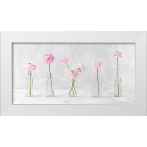 Ranuncuclus flowers in glass bottles White Modern Wood Framed Art Print by Frank, Assaf