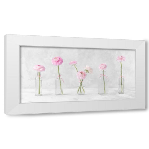 Ranuncuclus flowers in glass bottles White Modern Wood Framed Art Print by Frank, Assaf