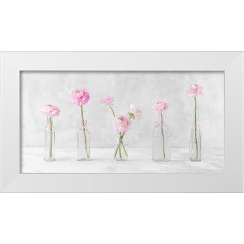 Ranuncuclus flowers in glass bottles White Modern Wood Framed Art Print by Frank, Assaf