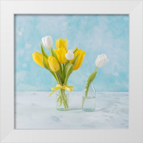 Fresh Tulips in glass bottle White Modern Wood Framed Art Print by Frank, Assaf