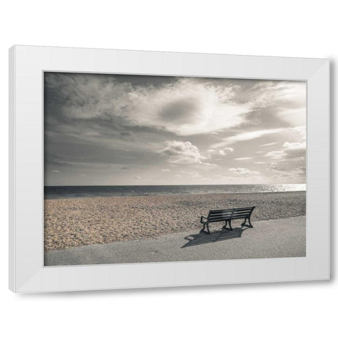 Bench at seaside promenade White Modern Wood Framed Art Print by Frank, Assaf