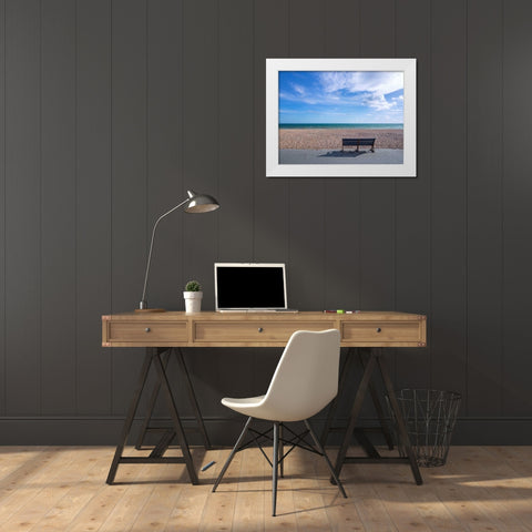 Bench at seaside promenade White Modern Wood Framed Art Print by Frank, Assaf