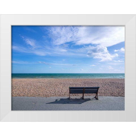 Bench at seaside promenade White Modern Wood Framed Art Print by Frank, Assaf