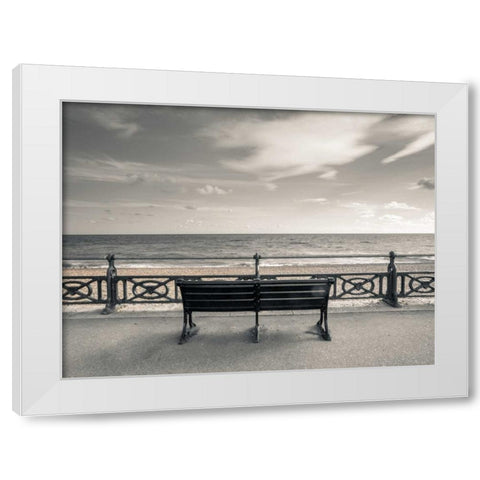 Bench at seaside promenade White Modern Wood Framed Art Print by Frank, Assaf