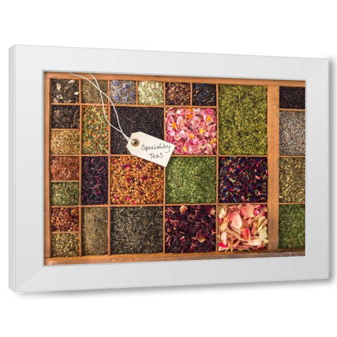 Varieties of tea in a wooden box White Modern Wood Framed Art Print by Frank, Assaf