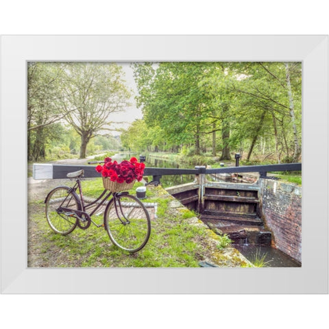 Bicycle with bunch of white roses by the canal White Modern Wood Framed Art Print by Frank, Assaf