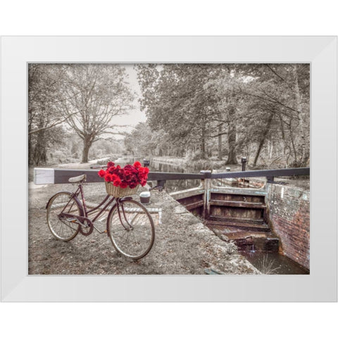 Bicycle with bunch of white roses by the canal White Modern Wood Framed Art Print by Frank, Assaf