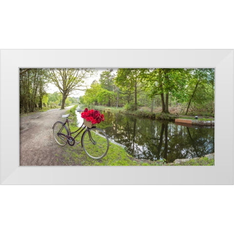 Bicycle with bunch of red roses by the canal White Modern Wood Framed Art Print by Frank, Assaf