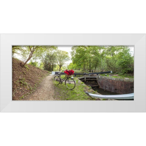 Bicycle with bunch of red roses by the canal White Modern Wood Framed Art Print by Frank, Assaf