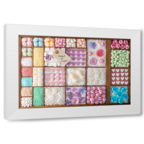 Mix of candies and sweets in wooden box White Modern Wood Framed Art Print by Frank, Assaf