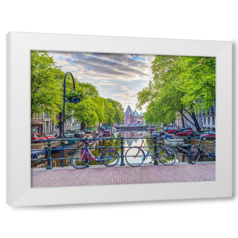 Bicycles parked along the canal, Amsterdam White Modern Wood Framed Art Print by Frank, Assaf