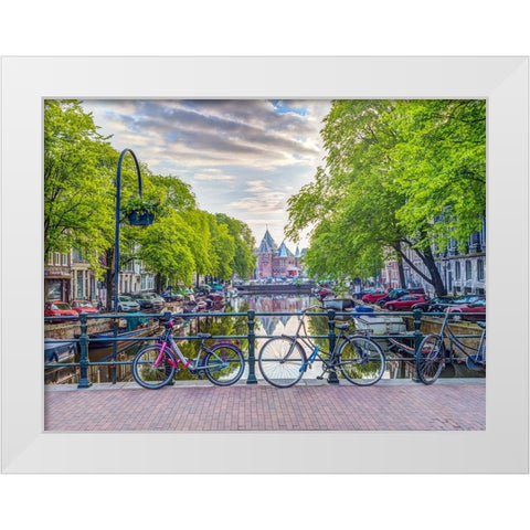 Bicycles parked along the canal, Amsterdam White Modern Wood Framed Art Print by Frank, Assaf