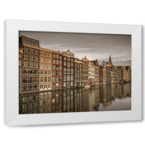 Houses alongside canal-Amsterdam White Modern Wood Framed Art Print by Frank, Assaf