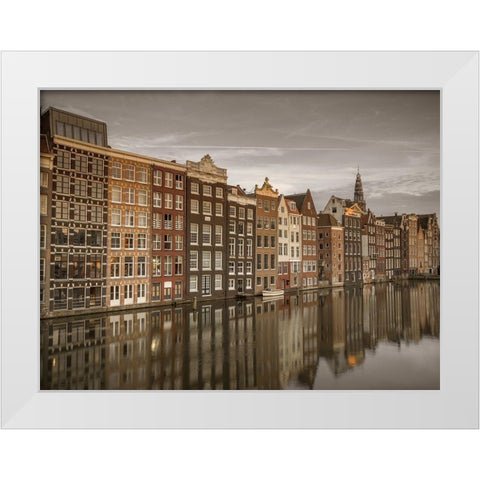 Houses alongside canal-Amsterdam White Modern Wood Framed Art Print by Frank, Assaf