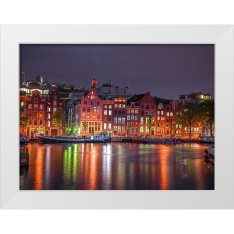 Amsterdam canal at night White Modern Wood Framed Art Print by Frank, Assaf