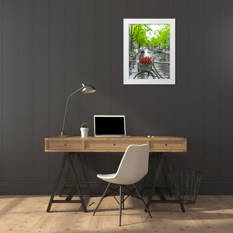 Bicycle with bunch of flowers by the canal-Amsterdam White Modern Wood Framed Art Print by Frank, Assaf
