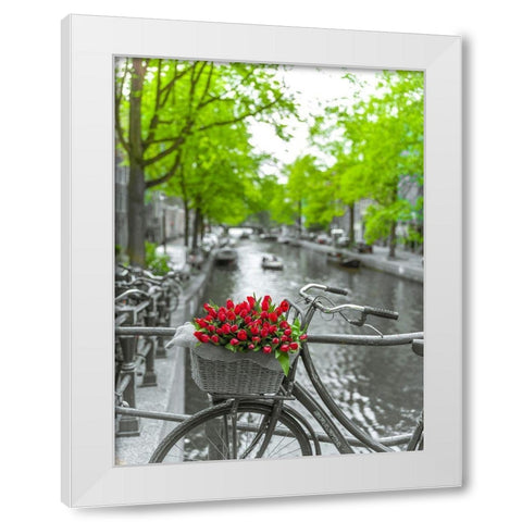 Bicycle with bunch of flowers by the canal-Amsterdam White Modern Wood Framed Art Print by Frank, Assaf