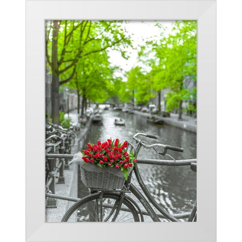 Bicycle with bunch of flowers by the canal-Amsterdam White Modern Wood Framed Art Print by Frank, Assaf