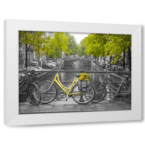 Bicycle with bunch of flowers by the canal, Amsterdam White Modern Wood Framed Art Print by Frank, Assaf