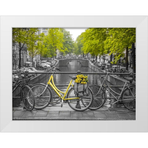 Bicycle with bunch of flowers by the canal, Amsterdam White Modern Wood Framed Art Print by Frank, Assaf