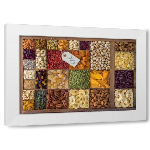 Assorted dry fruits in a wooden box White Modern Wood Framed Art Print by Frank, Assaf