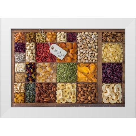 Assorted dry fruits in a wooden box White Modern Wood Framed Art Print by Frank, Assaf