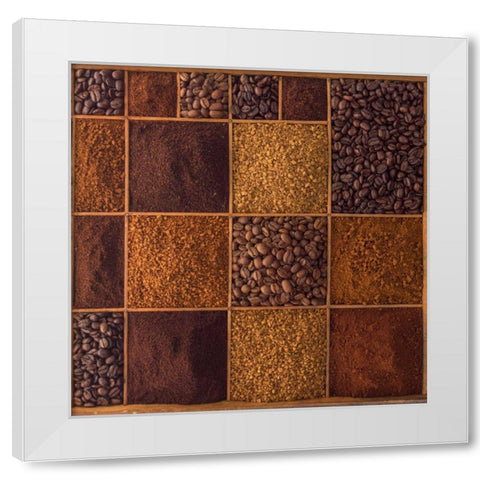 Variety of coffee beans in a wooden box White Modern Wood Framed Art Print by Frank, Assaf
