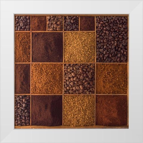 Variety of coffee beans in a wooden box White Modern Wood Framed Art Print by Frank, Assaf
