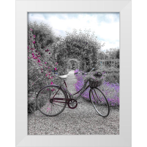 Bicycle on a garden path White Modern Wood Framed Art Print by Frank, Assaf