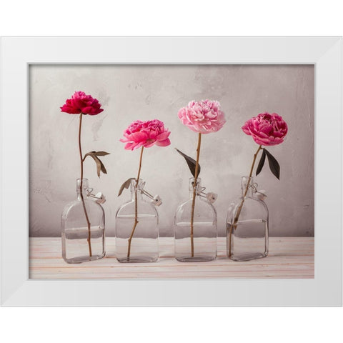 Peonies in glass bottles White Modern Wood Framed Art Print by Frank, Assaf