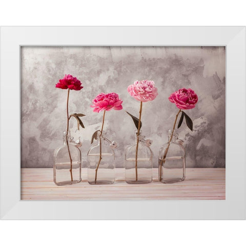 Peonies in glass bottles White Modern Wood Framed Art Print by Frank, Assaf