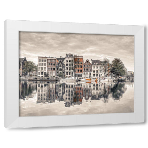 Amsterdam townhouses by the canal White Modern Wood Framed Art Print by Frank, Assaf