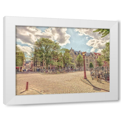 Bicycle parked on the street White Modern Wood Framed Art Print by Frank, Assaf
