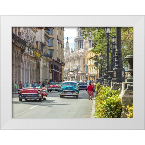 Vintage cars on Havana street, Cuba White Modern Wood Framed Art Print by Frank, Assaf