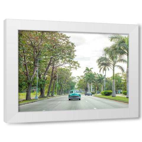 Vintage car on a road with palm trees, Cuba White Modern Wood Framed Art Print by Frank, Assaf