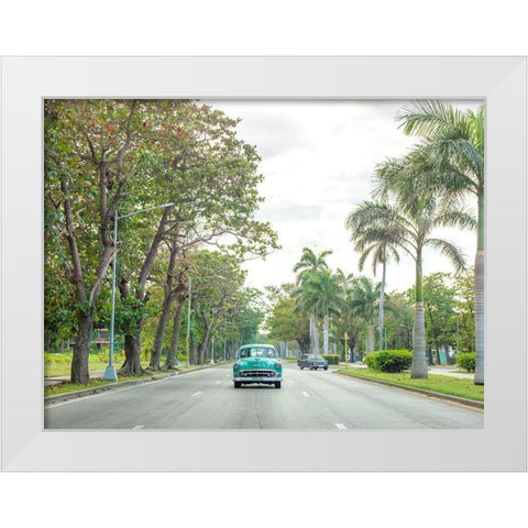 Vintage car on a road with palm trees, Cuba White Modern Wood Framed Art Print by Frank, Assaf