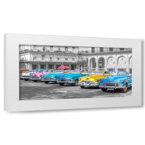 Traditional cuban cars parked in row by the road in Havava, Cuba, FTBR 1849 White Modern Wood Framed Art Print by Frank, Assaf