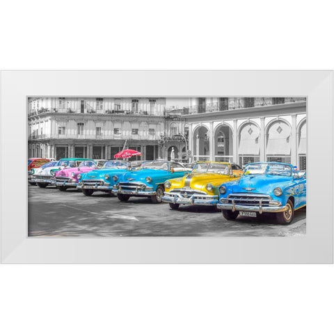 Traditional cuban cars parked in row by the road in Havava, Cuba, FTBR 1849 White Modern Wood Framed Art Print by Frank, Assaf