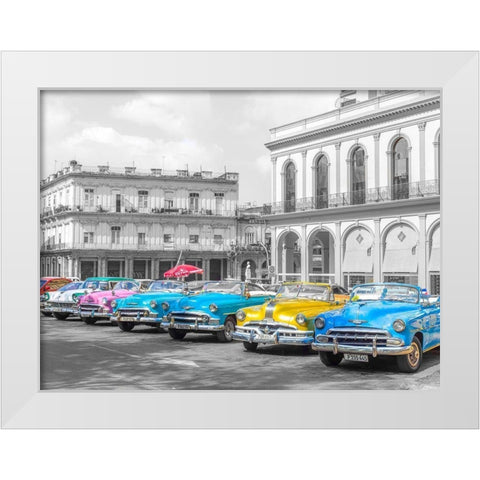 Vintage cars in Havava White Modern Wood Framed Art Print by Frank, Assaf