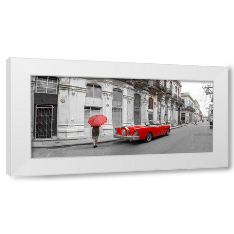 Woman with red umbrella by a vintage car on the street of Havana-Cuba White Modern Wood Framed Art Print by Frank, Assaf