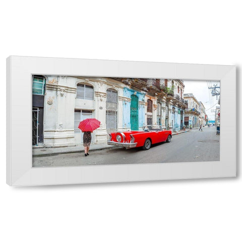 Woman with red umbrella by a vintage car on the street of Havana, Cuba, FTBR 1851 White Modern Wood Framed Art Print by Frank, Assaf