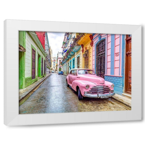 Vintage car in Havana White Modern Wood Framed Art Print by Frank, Assaf